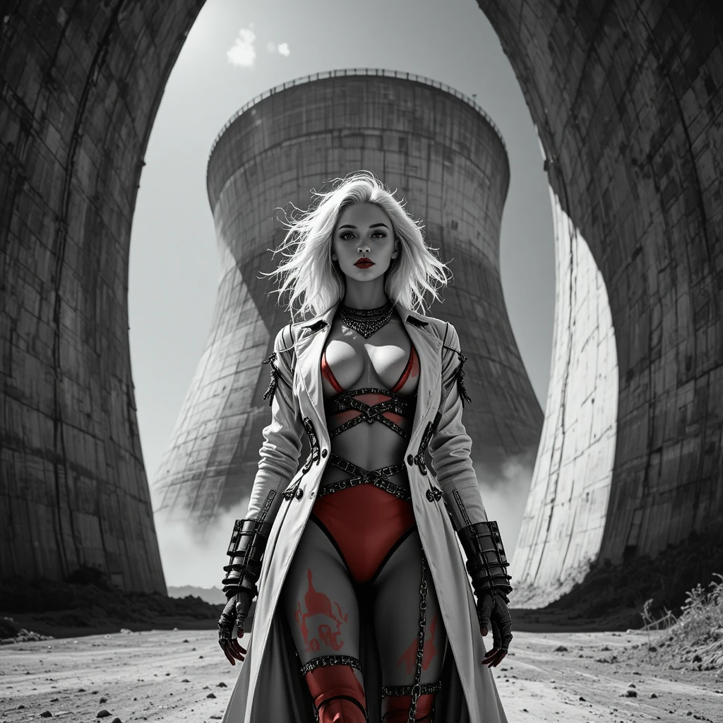Cyberpunk fashion woman under brutal industrial sunlight