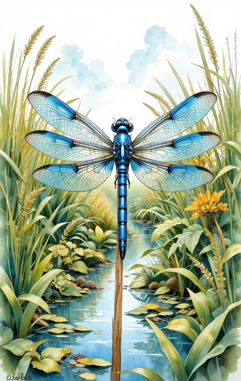 Blaue Libelle auf Schilf in detaillierter Aquarell‑Sumpflandschaft