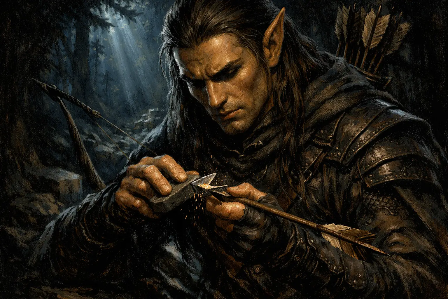 Stoic elven archer sharpening an arrow in moonlit forest