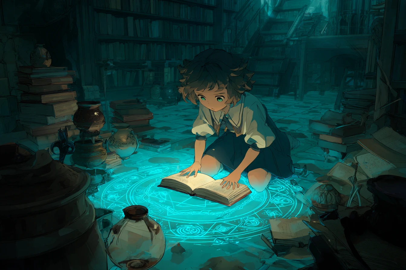Giovane strega che legge un tomo magico luminoso in una biblioteca in penombra