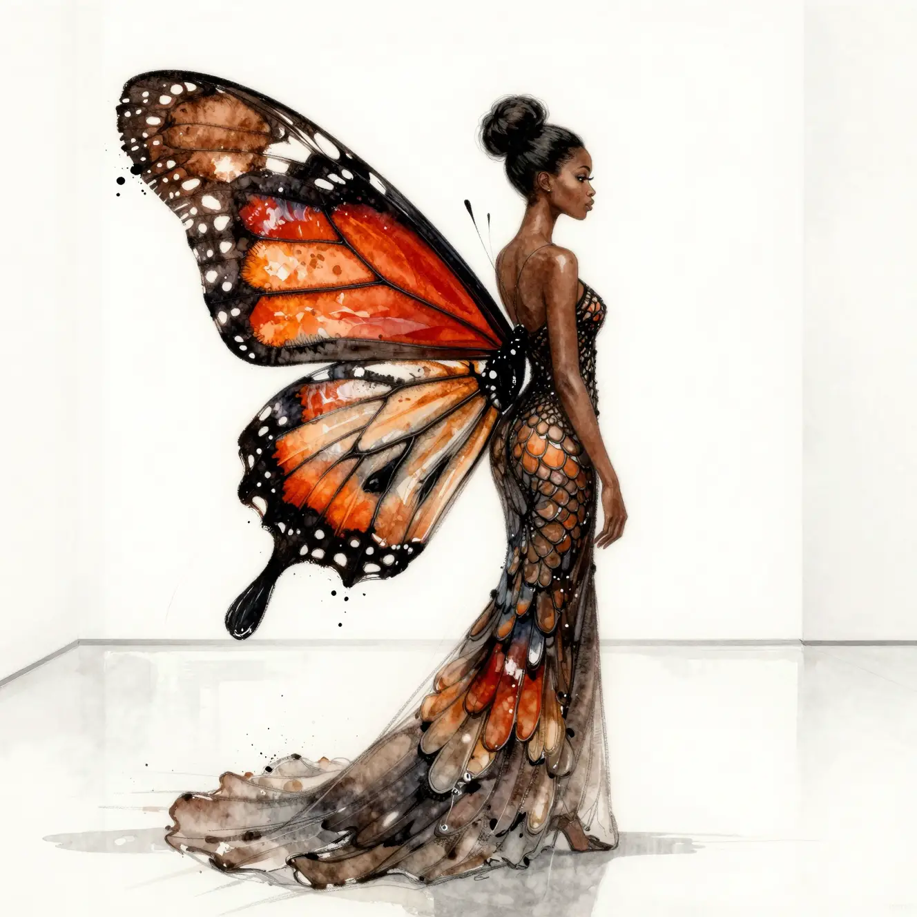 Watercolor woman with butterfly wing gown in gallery