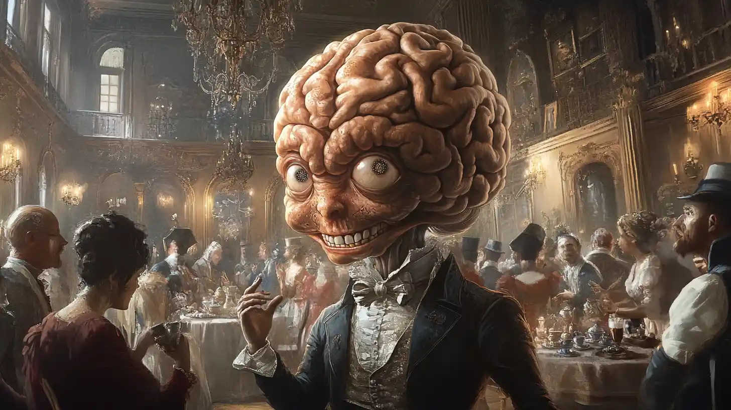 Gigantesco cervello barocco gentiluomo che saluta gli ospiti in un salone da ballo