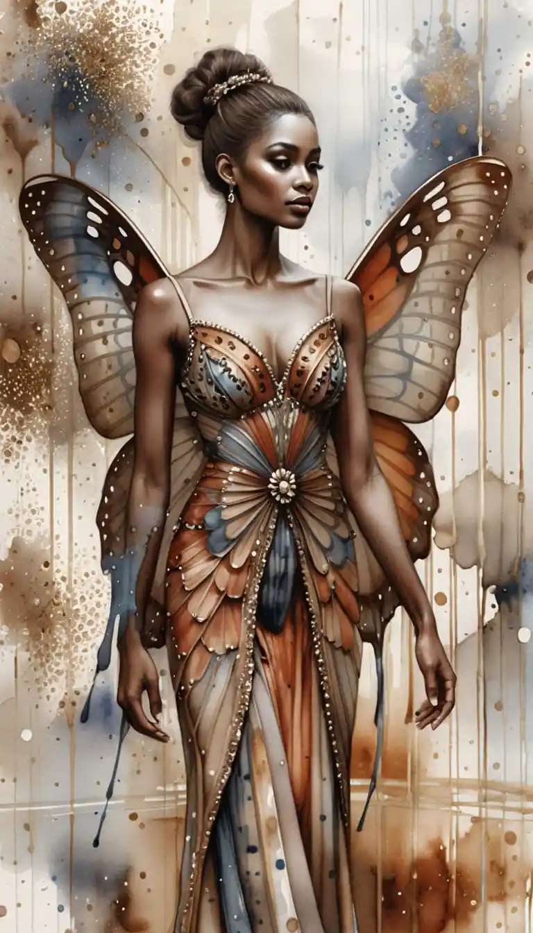 Watercolor woman with butterfly wings in gallery profile view