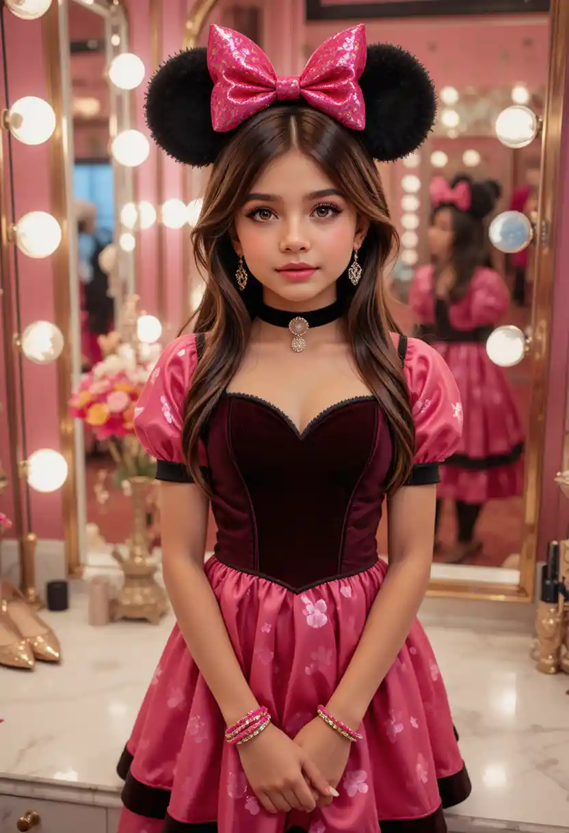 Young boy in pink minnie dress at boutique vanity
