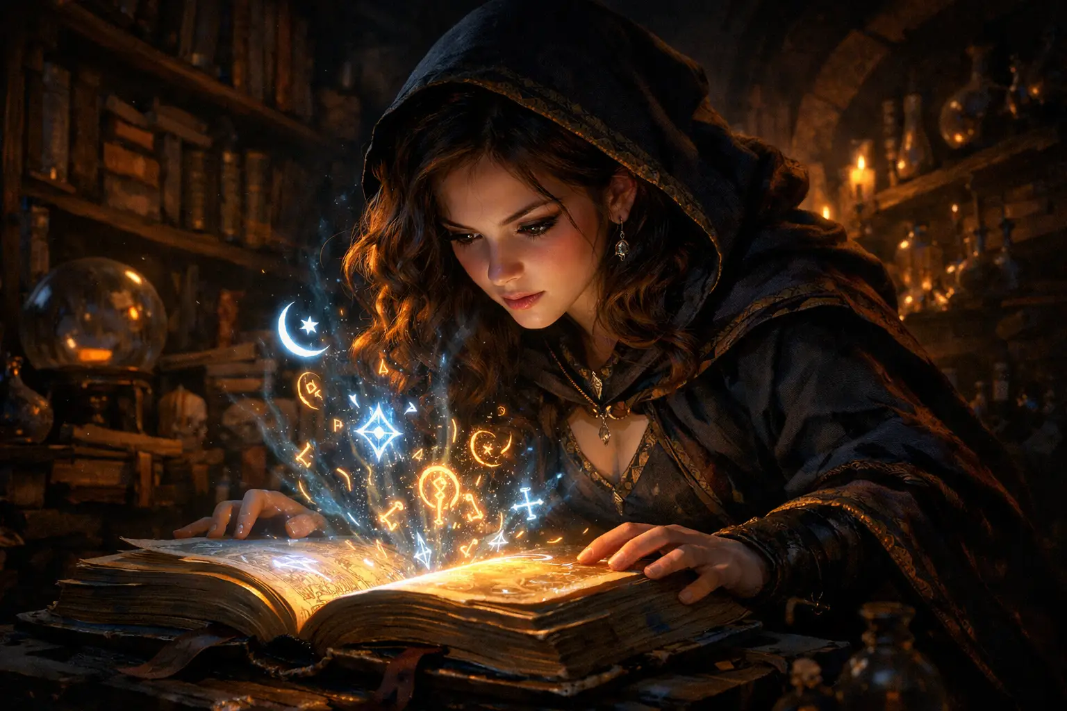 Young sorceress reading a glowing arcane book in shadow