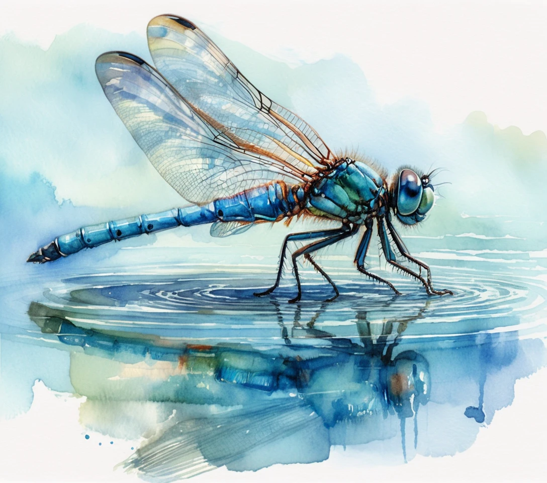 Blue dragonfly on still water in watercolor style