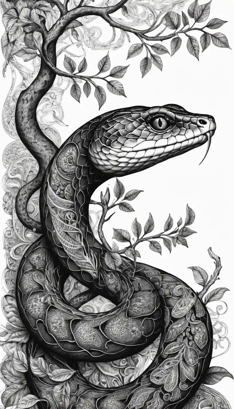Intricate black and white ink drawing of a patterned snake