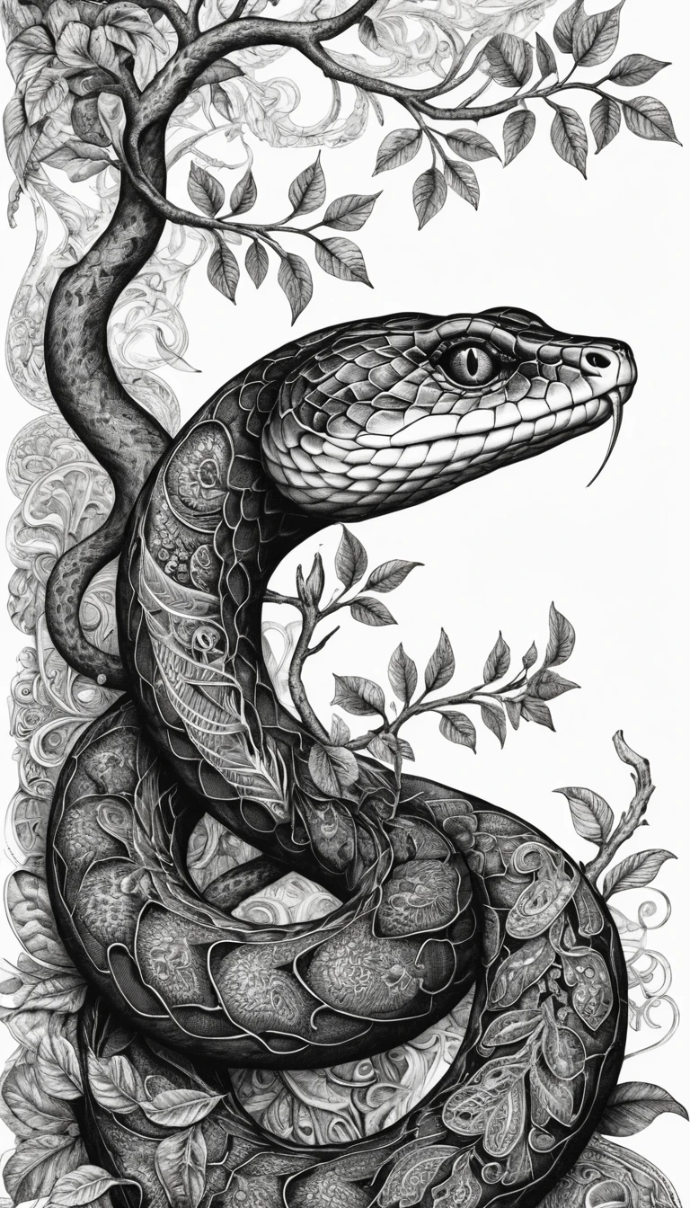 Intricate black and white ink drawing of a patterned snake