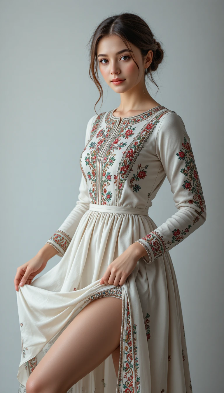 Young slavic woman in embroidered old russian style dress