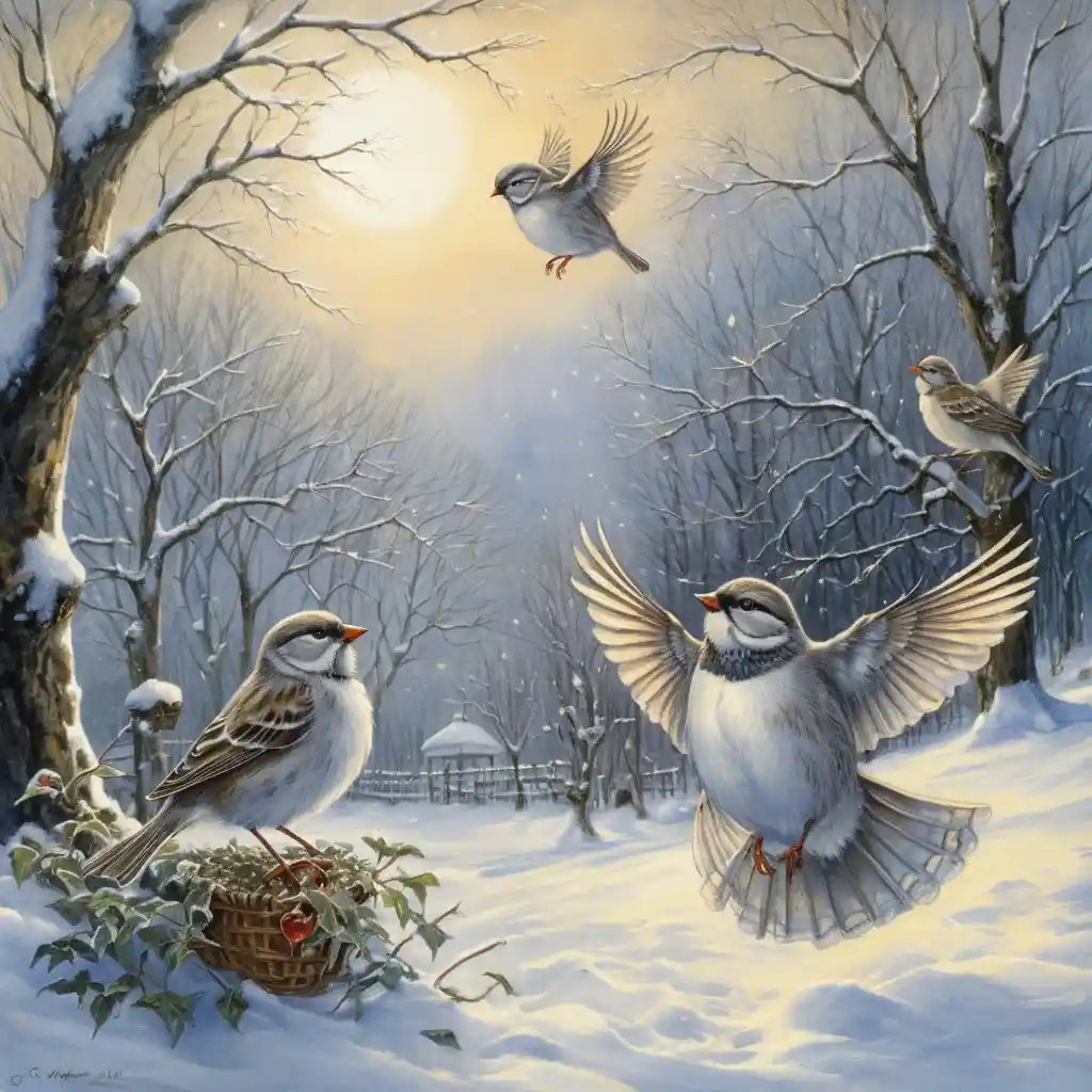 Moineaux joyeux sautillant dans la neige fraîche d’hiver