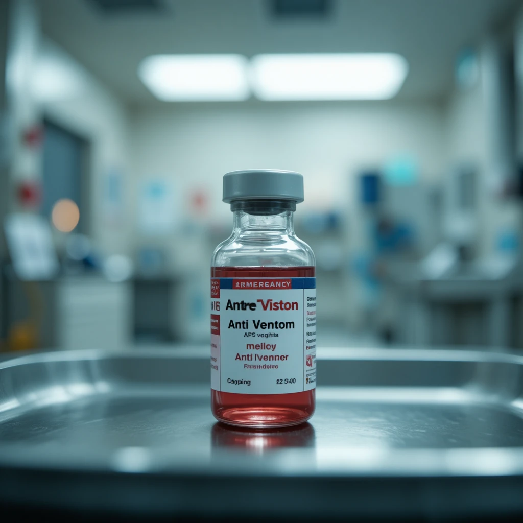 Close up medical antivenom vial on stainless hospital tray