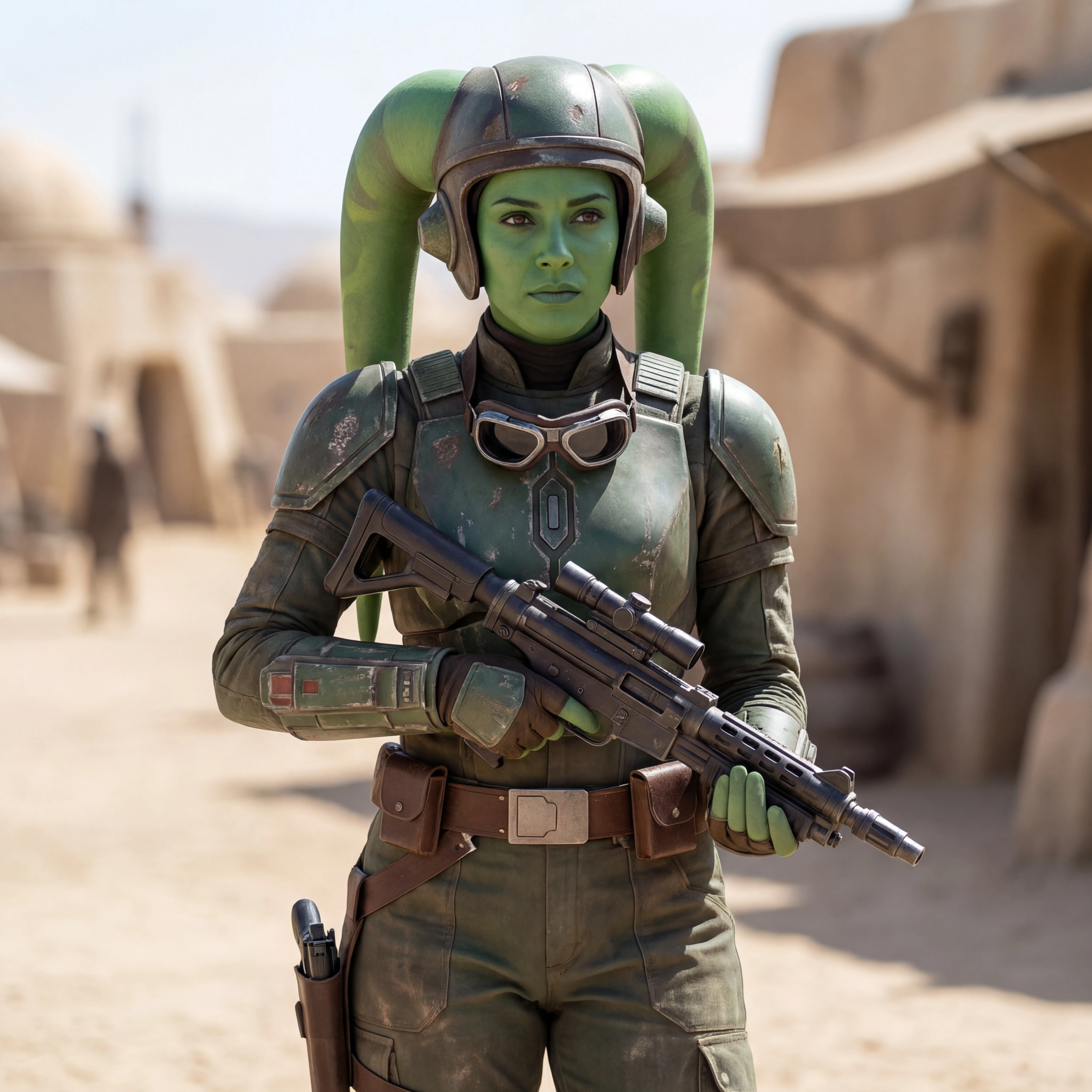 Femme twi’lek soldate à la peau verte d’un lointain monde de science‑fiction