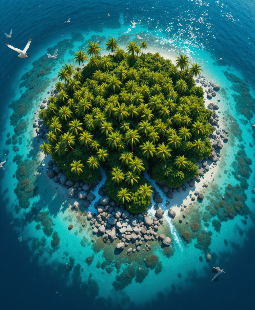 Isola tropicale vista dall’alto in stile cinematografico