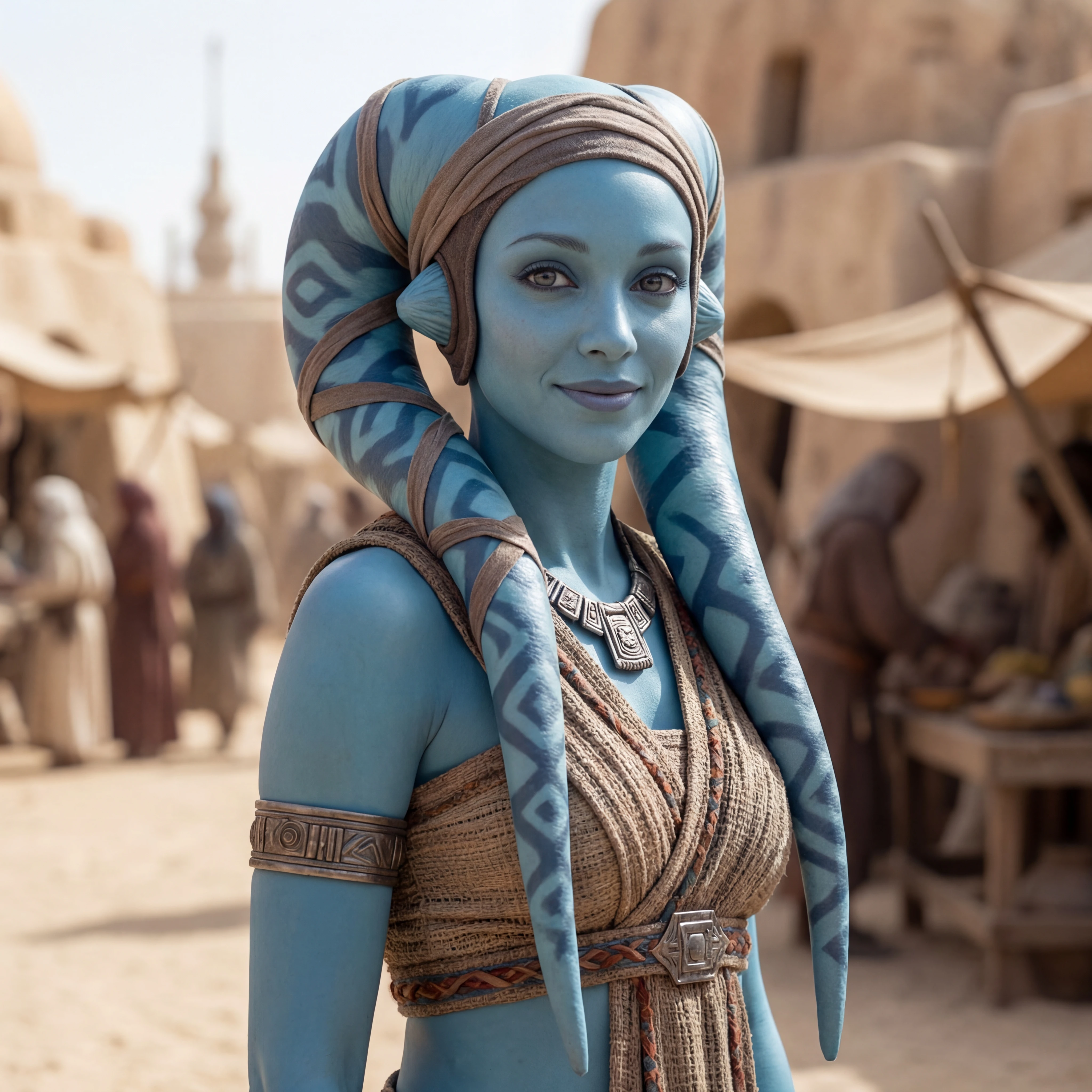Beautiful female alien with long head tails in sci fi world