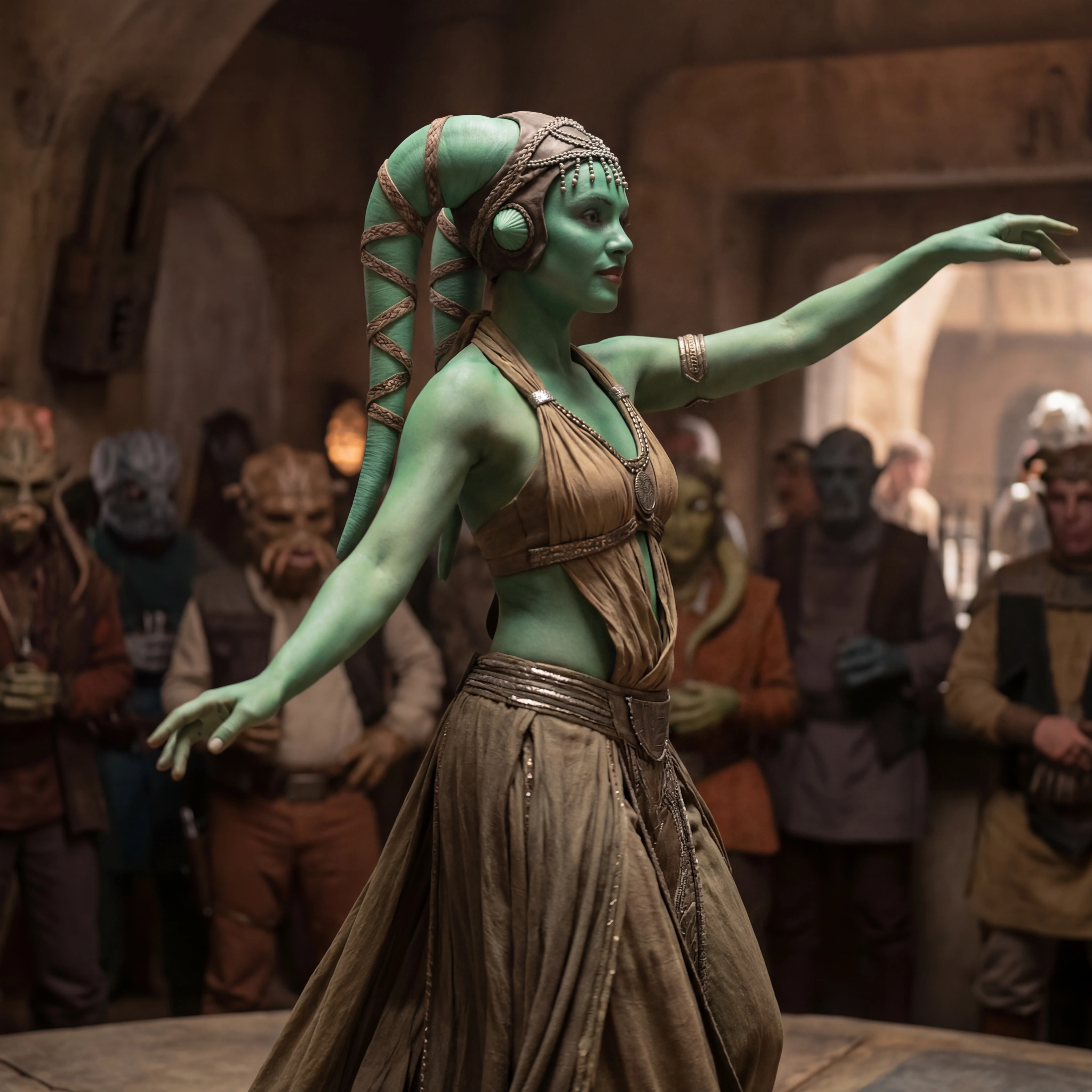 Alien twi lek woman dancing in a revealing slave outfit