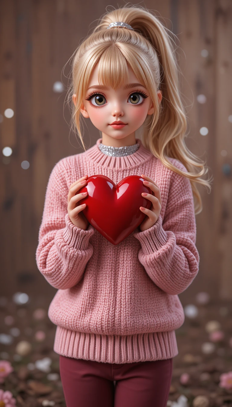 Cute girl holding a red heart in both hands