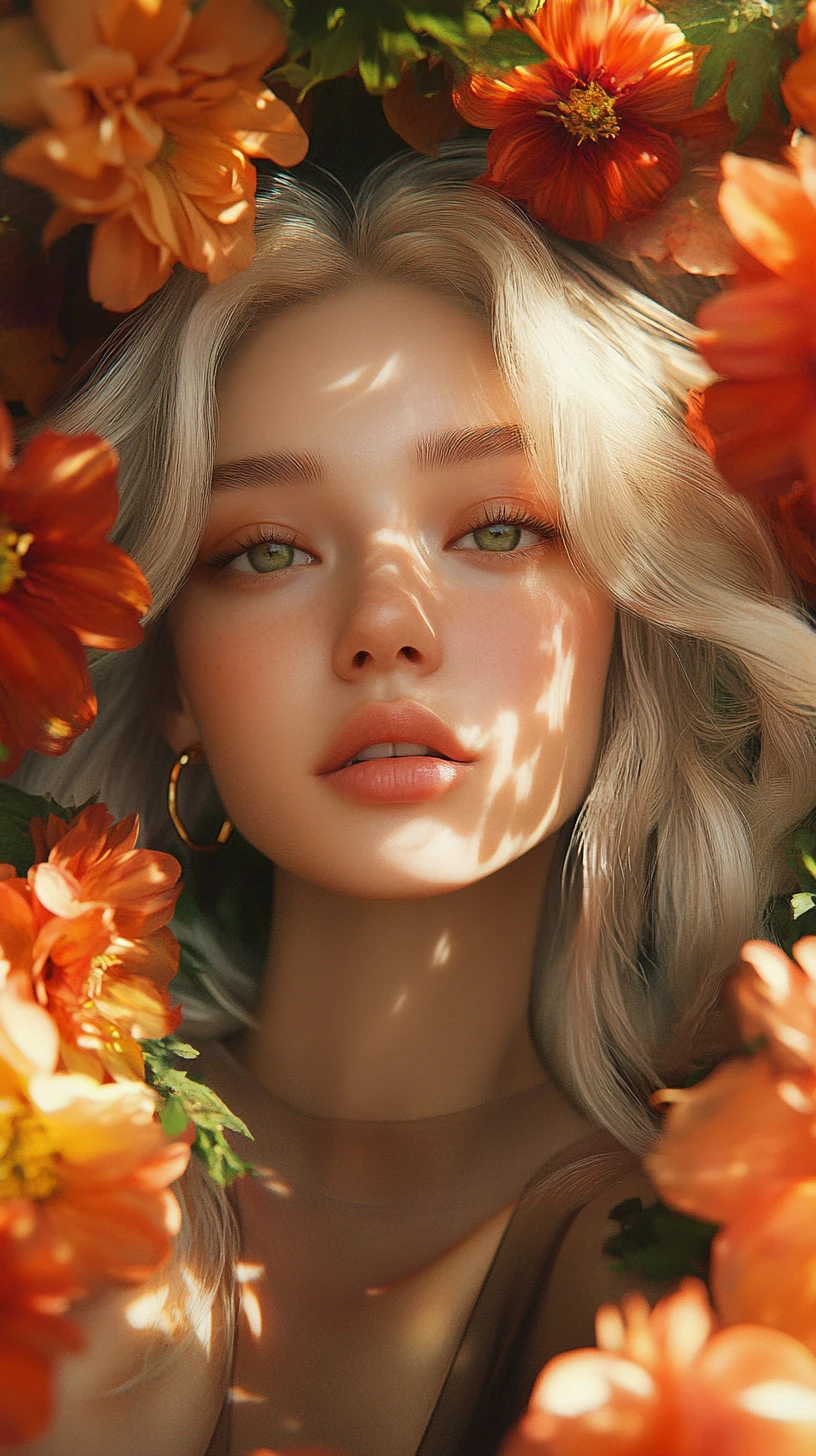 Young woman among vibrant orange and red flowers