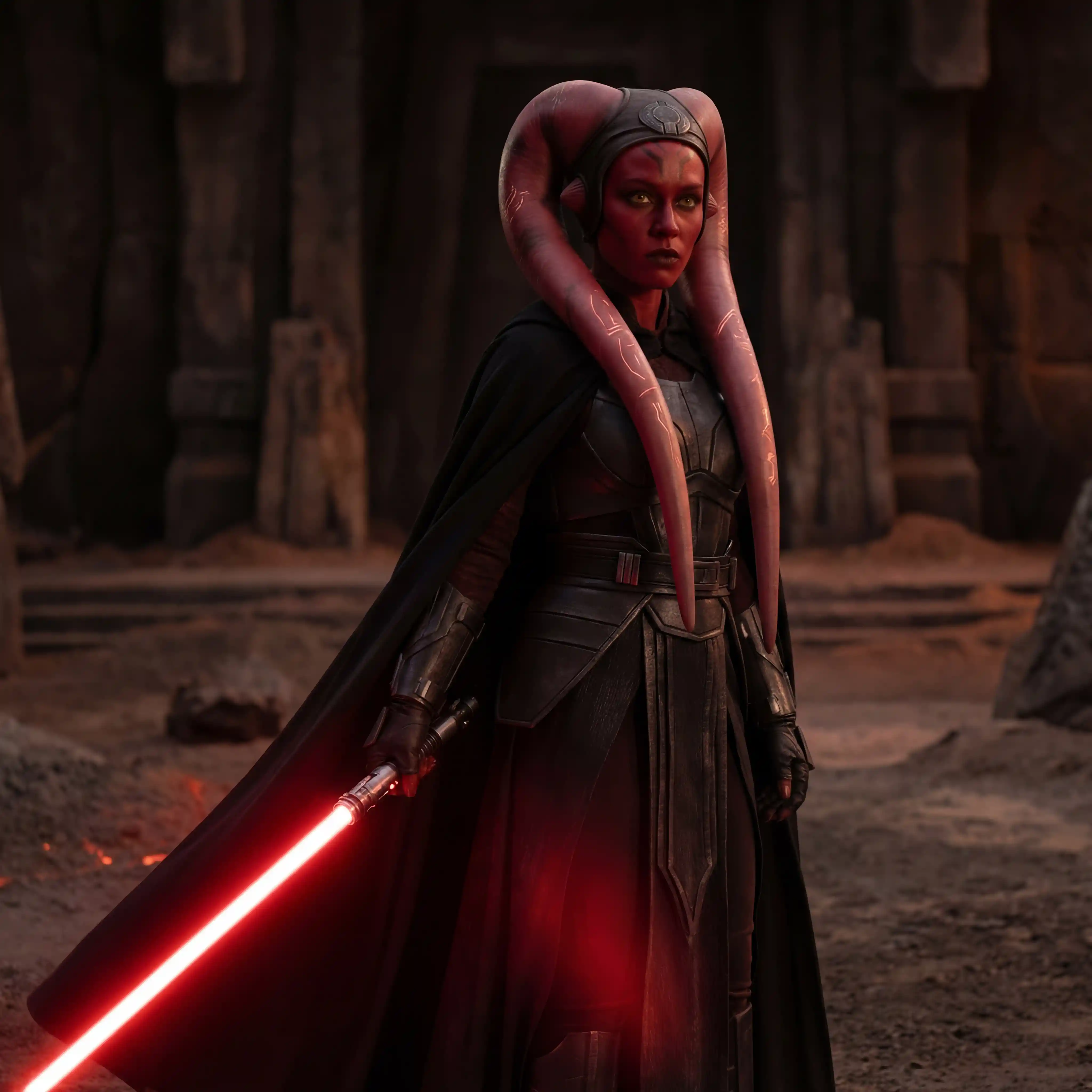 Twi lek sith apprentice woman in a dark sci fi scene