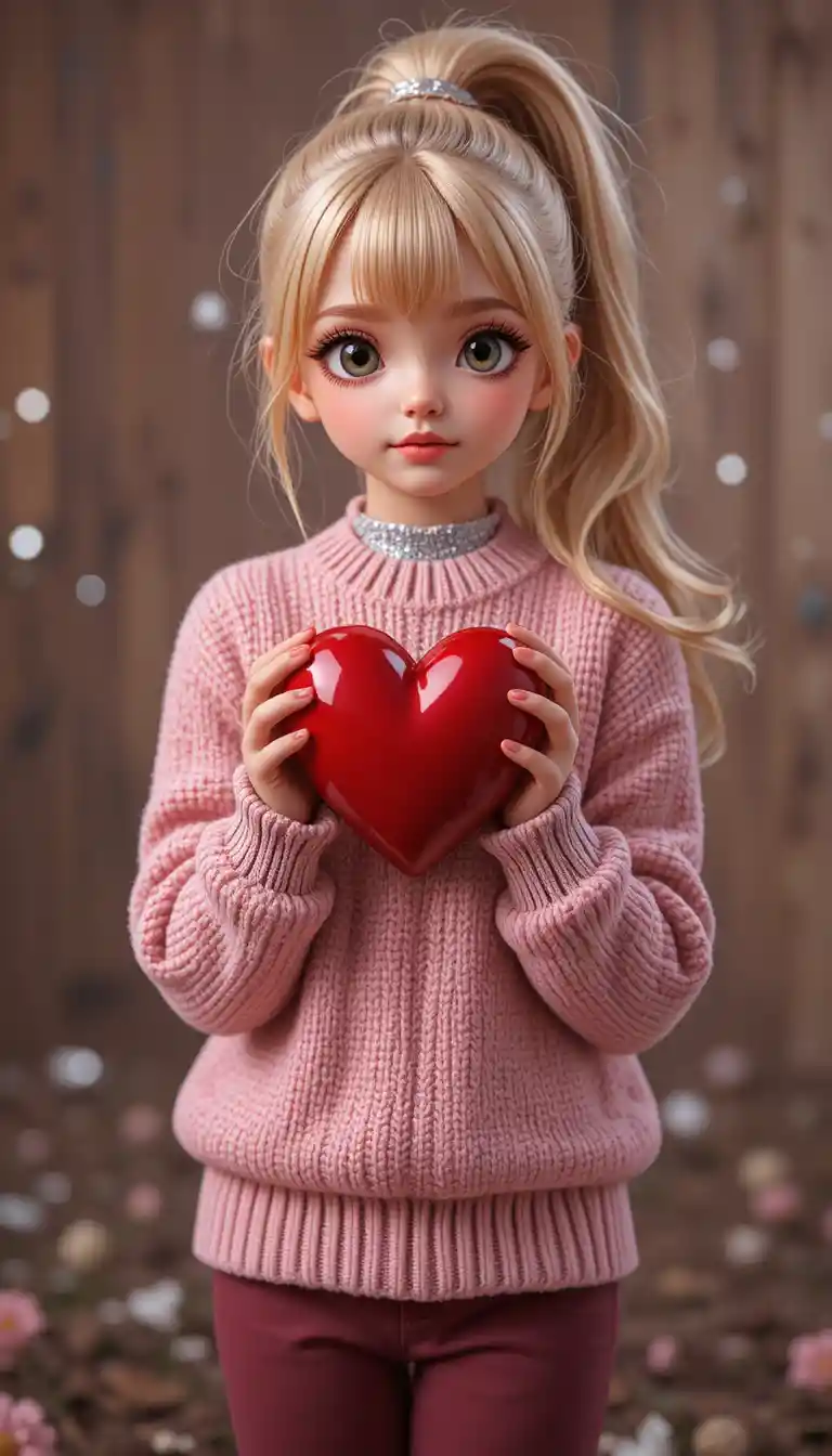 Cute girl holding a red heart in both hands