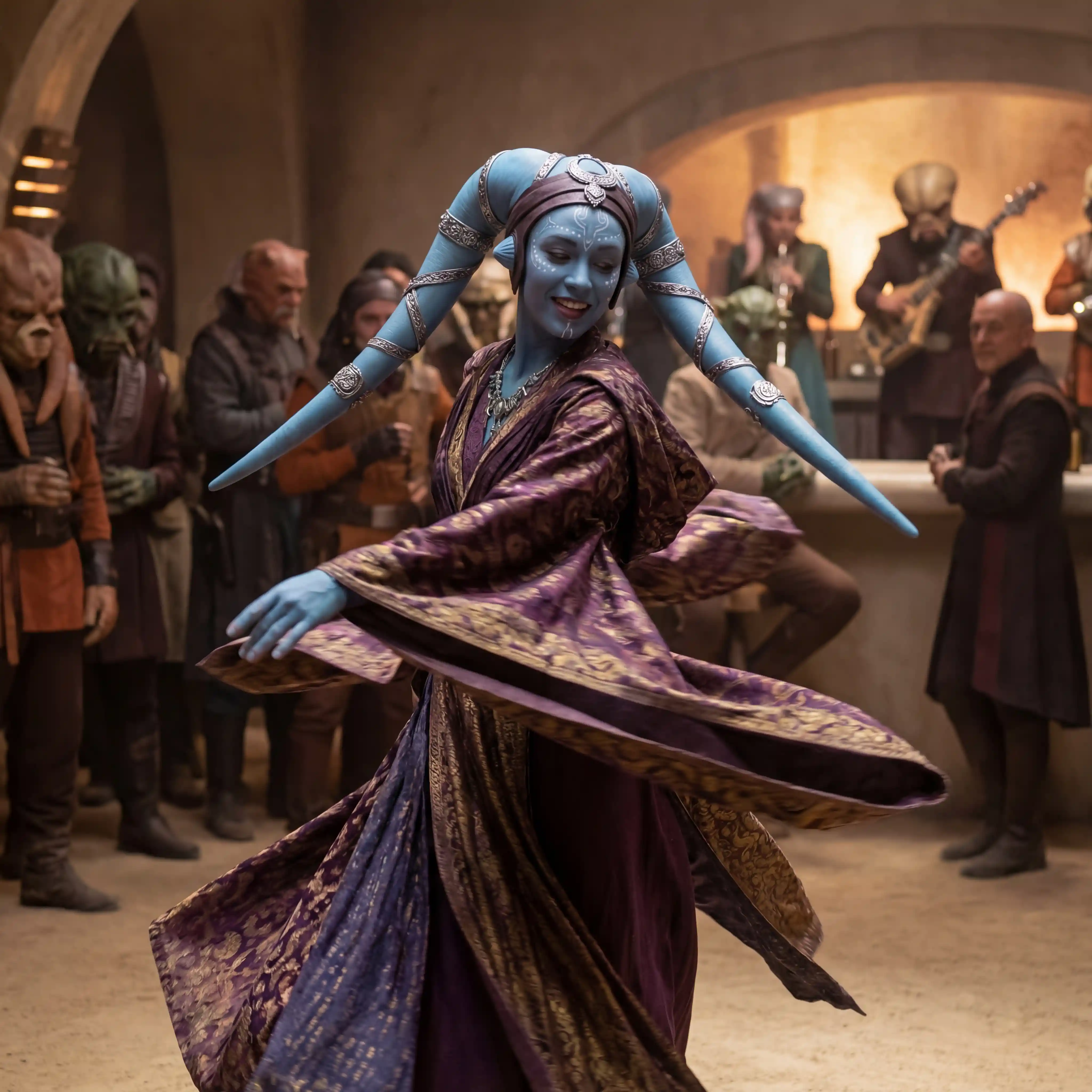Élégante femme twi’lek extraterrestre dansant dans un décor de science-fiction