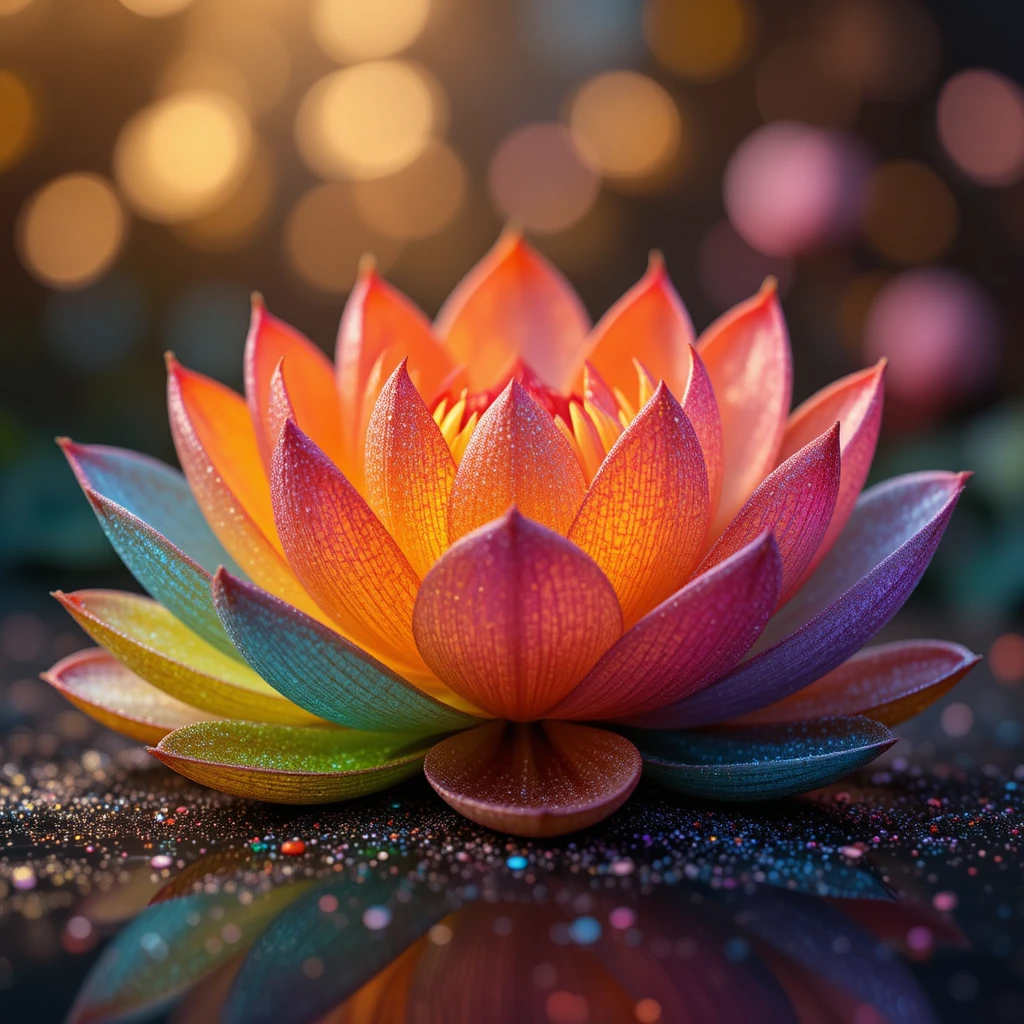 Colorful lotus flowers with shimmering petals and bokeh background