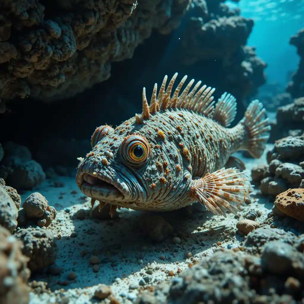 Pesce pietra mimetizzato tra le rocce in acque tropicali poco profonde