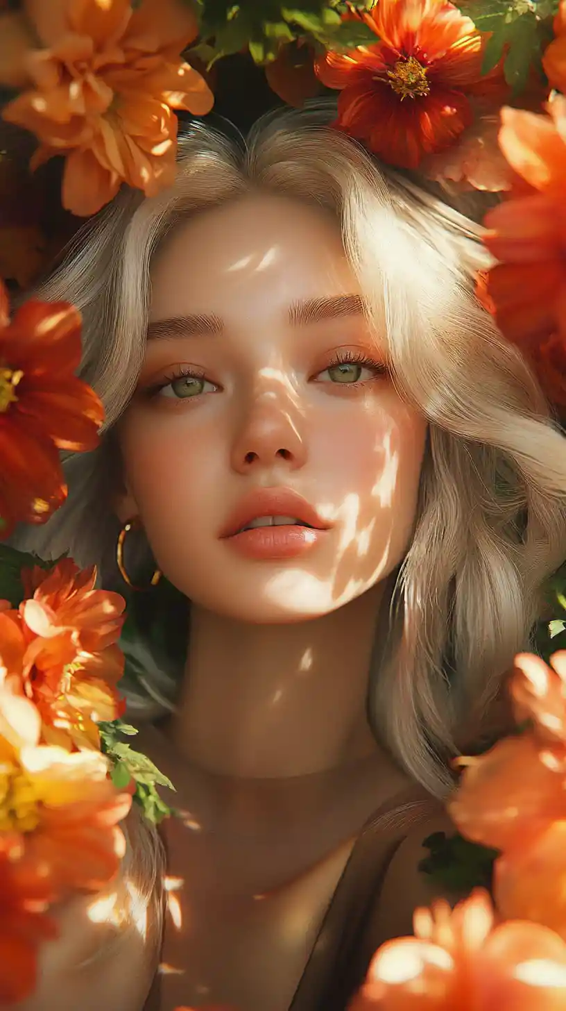 Young woman among vibrant orange and red flowers