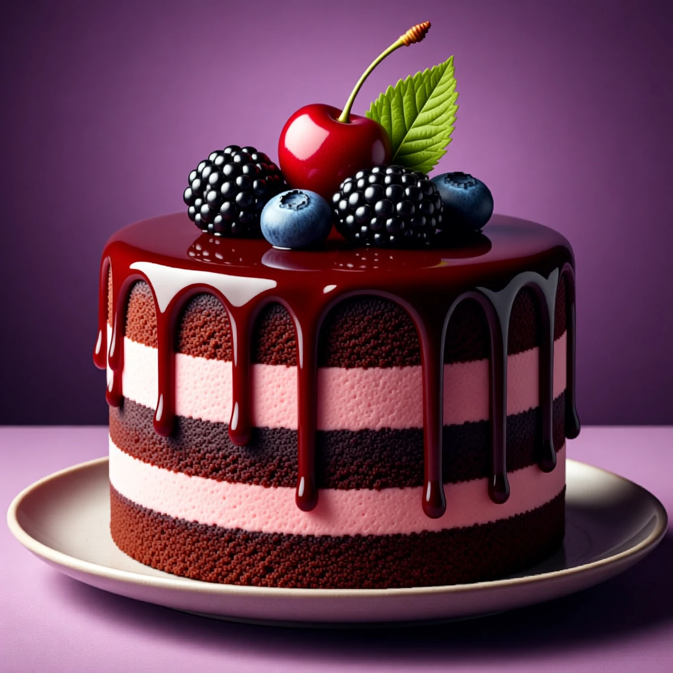 Pastel en capas de chocolate y rosa con brillante cobertura de frutos rojos