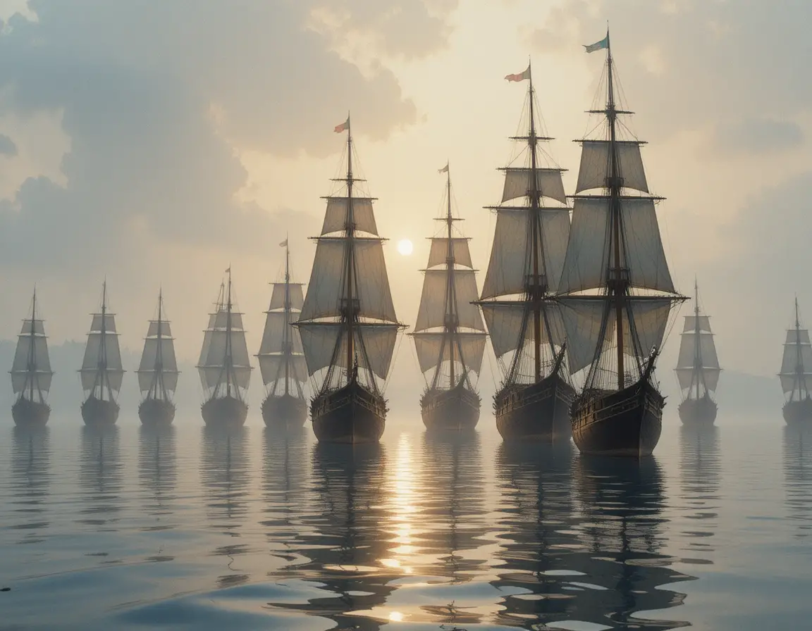 Sailing ships anchored in a tranquil river at dawn