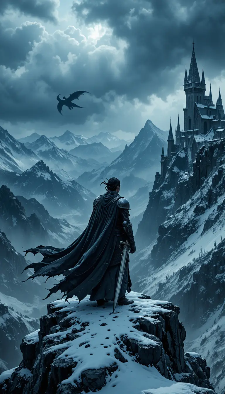 Lone warrior king on snowy cliff in stormy sky