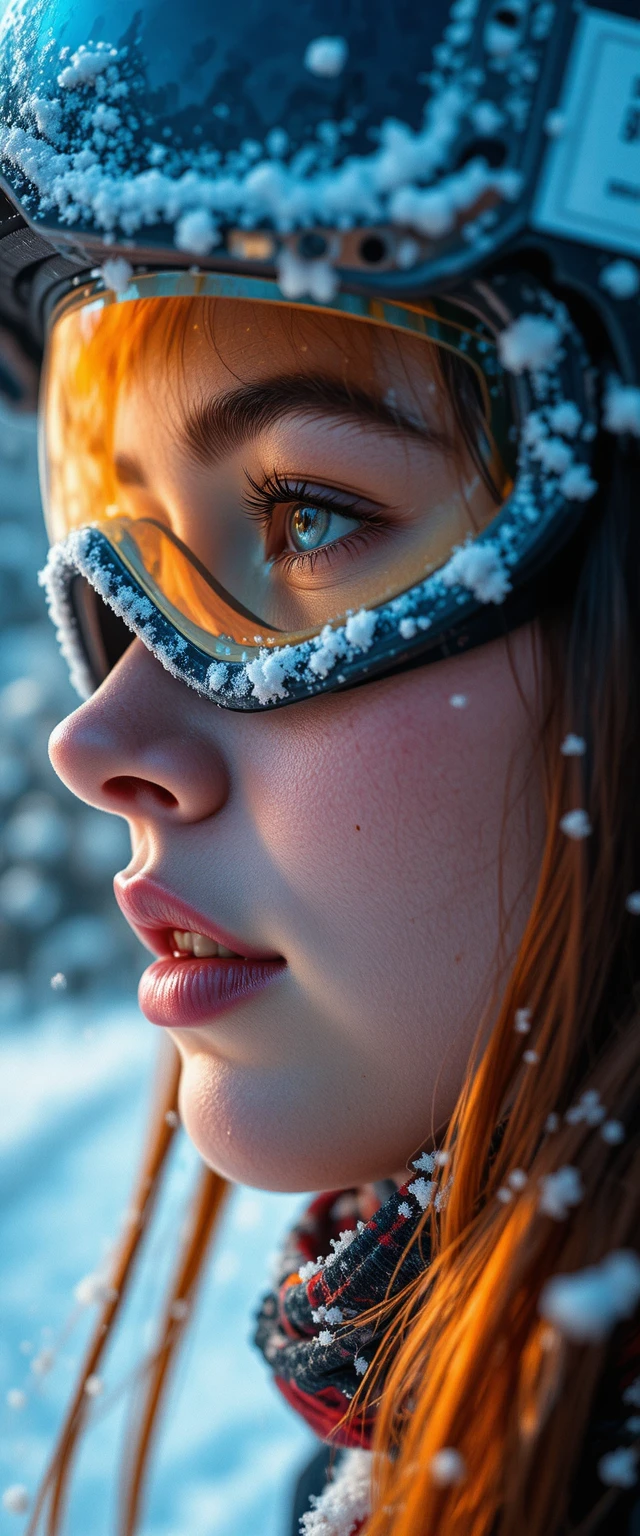 Focused female athlete in snowy cinematic close up portrait