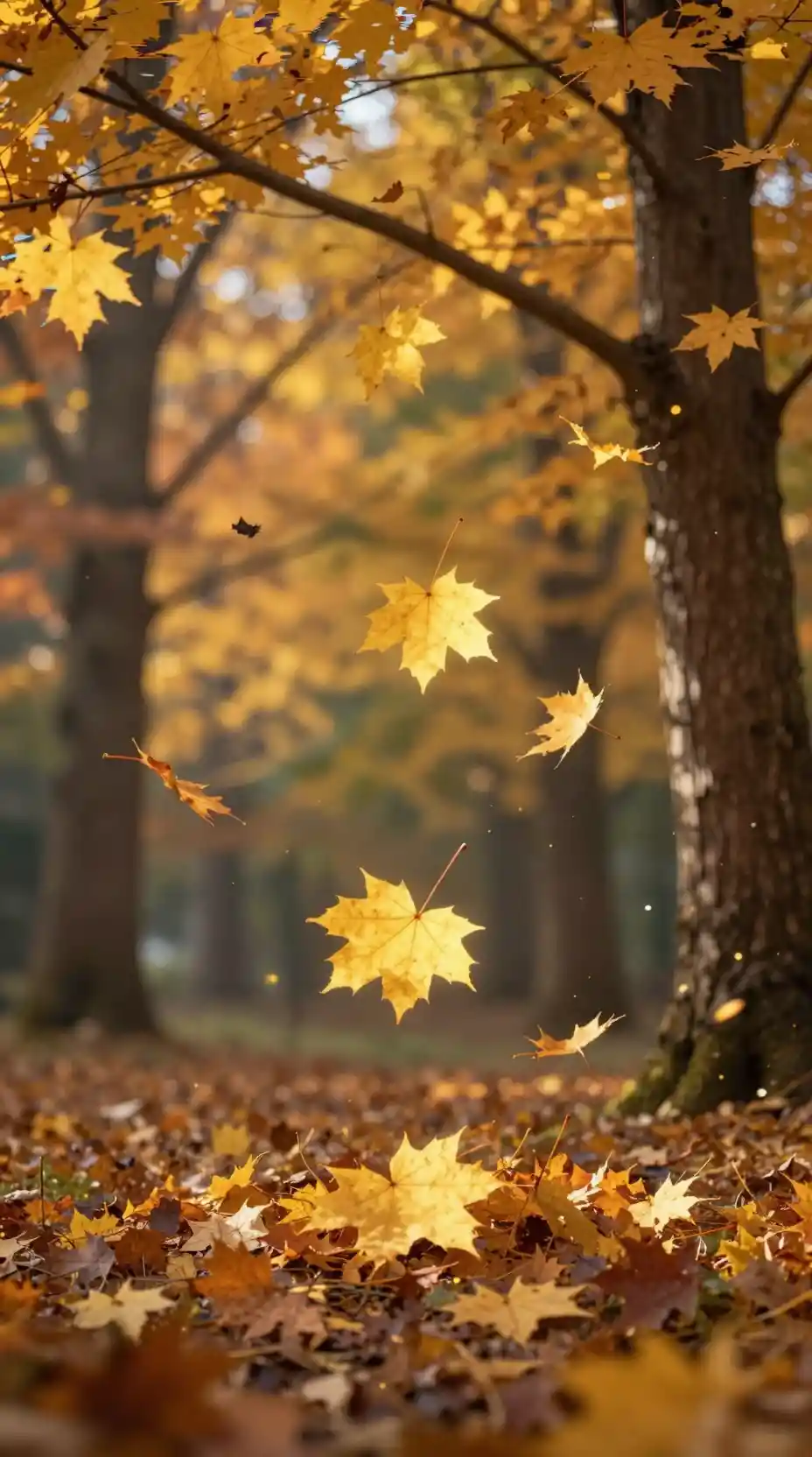 Goldenes Ahornblatt schwebt im warmen Herbstwald