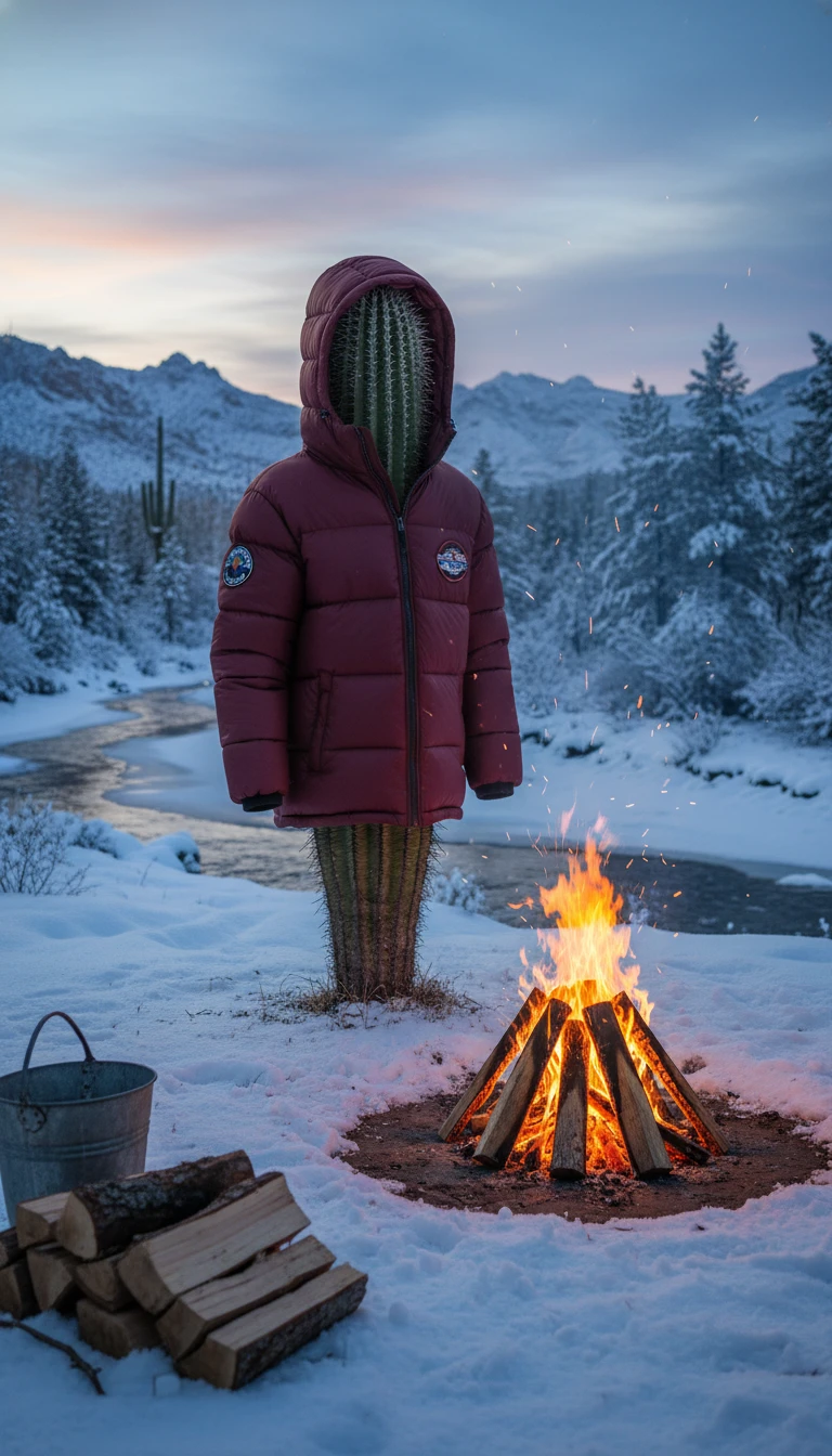 Cactus In A Down Jacket Beside Fire In Snowy Landscape