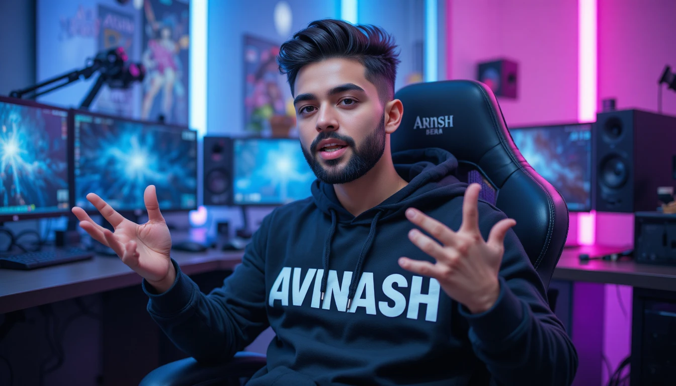 Confident gamer in neon studio speaking in a gaming chair