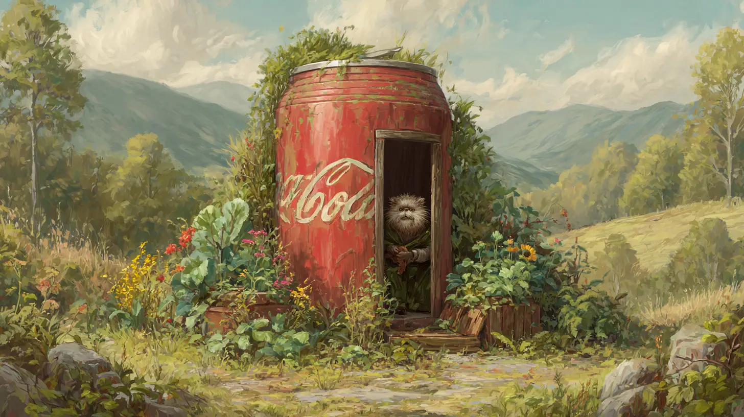 Whimsical creature home inside a vintage soda can