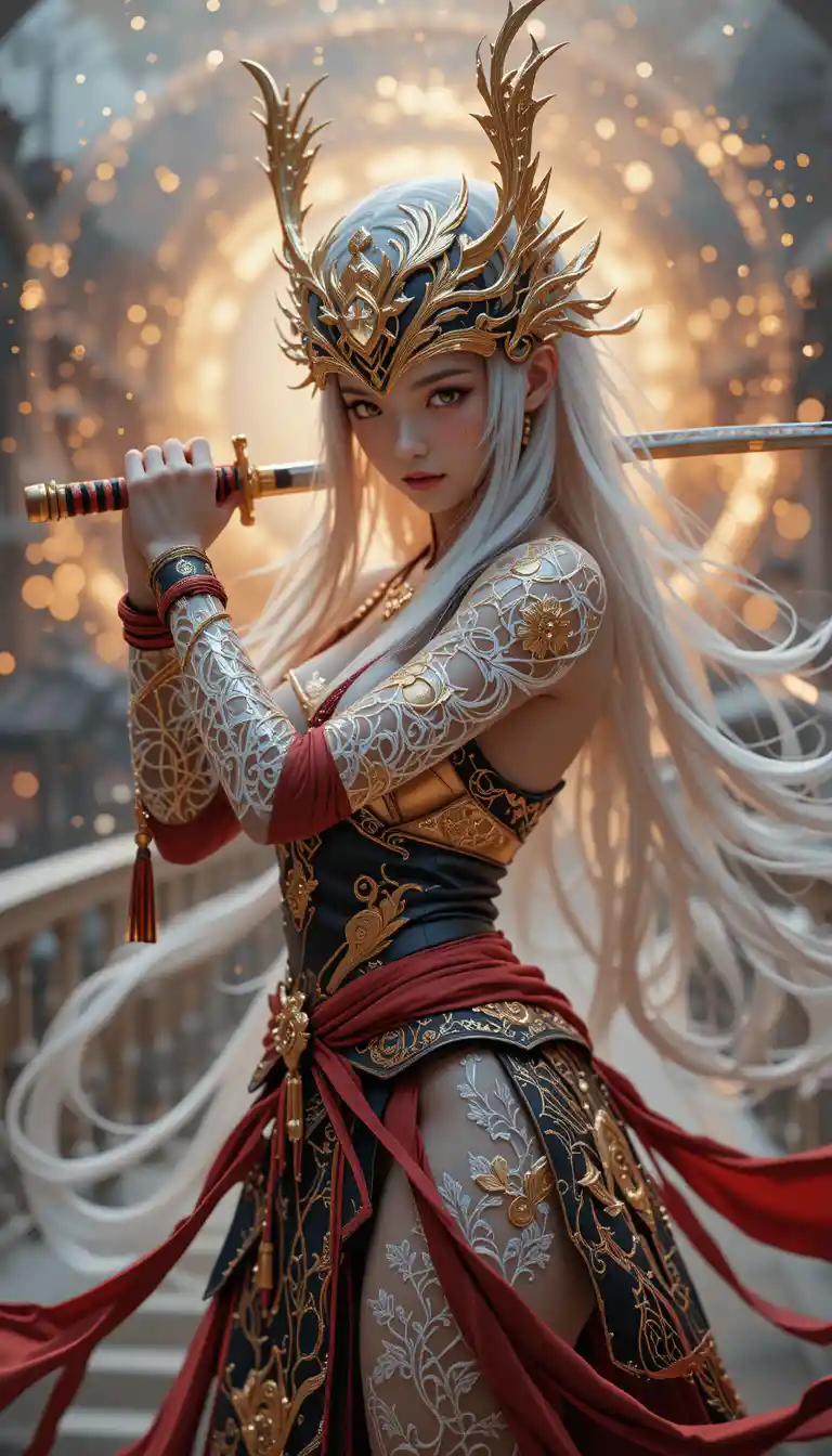 光輝白色宮殿前的神話女戰士
