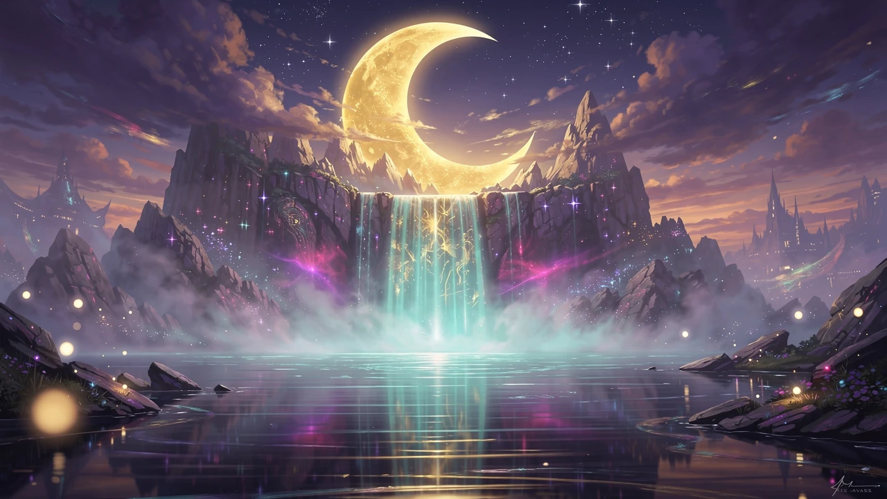 Cascata Fantasy Eterea sotto una Luminosa Luna Crescente