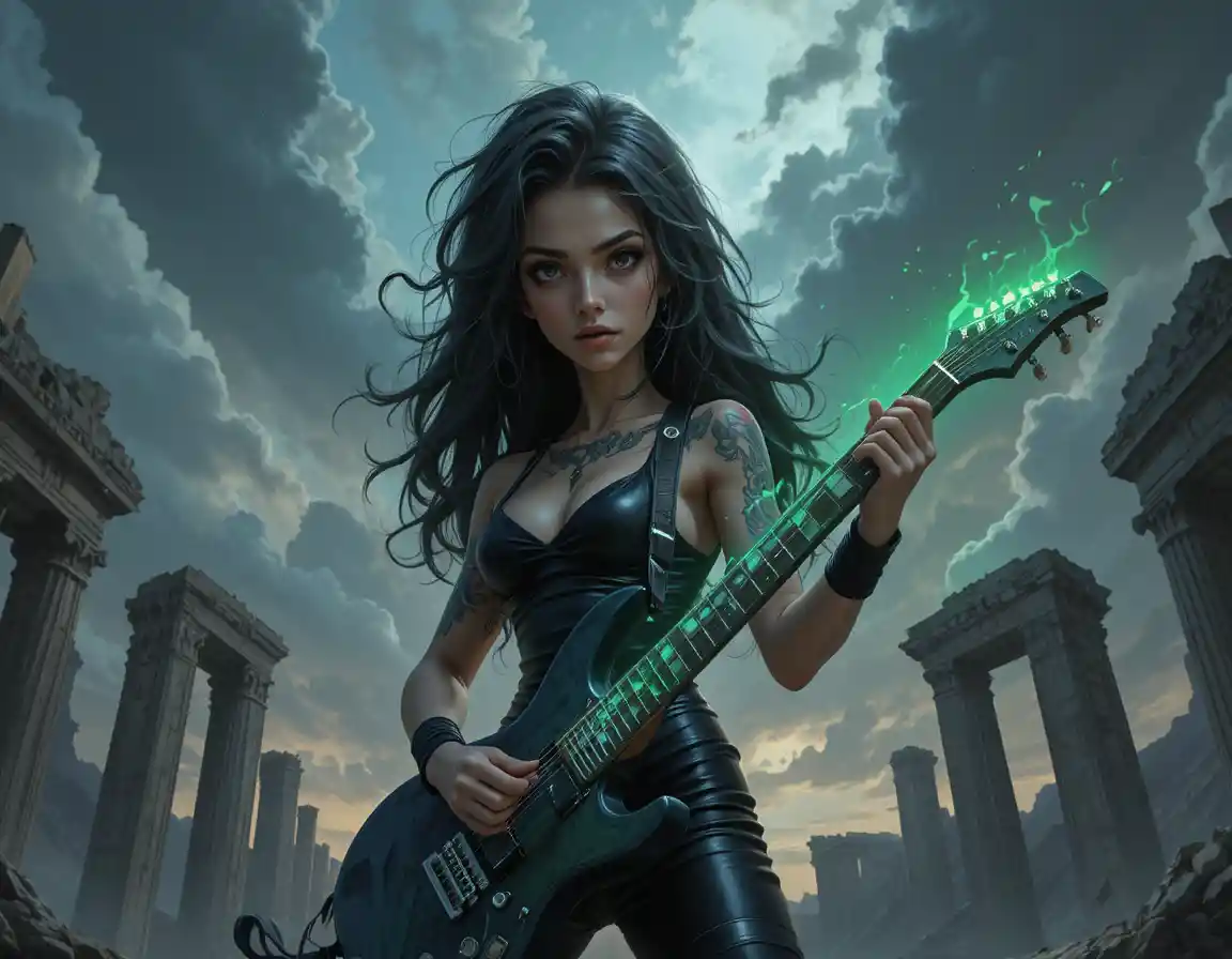 Muscular woman with serpent hair playing electric guitar