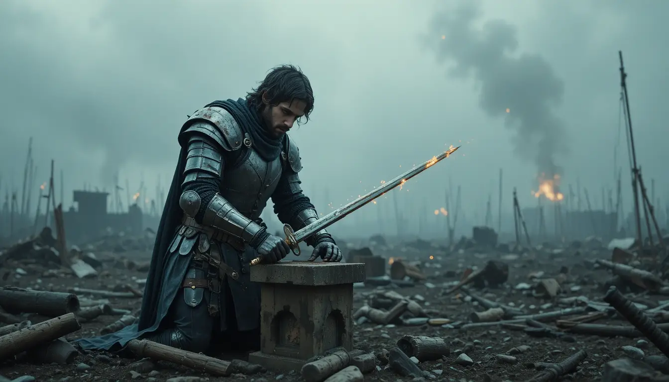Lone knight sharpening his sword on a ruined battlefield