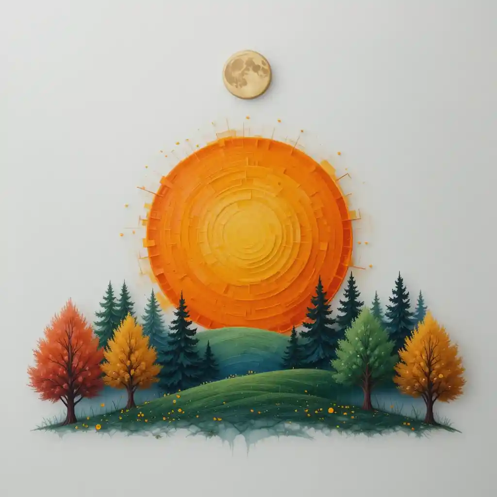 Colorful forest sunset with sun below and moon above