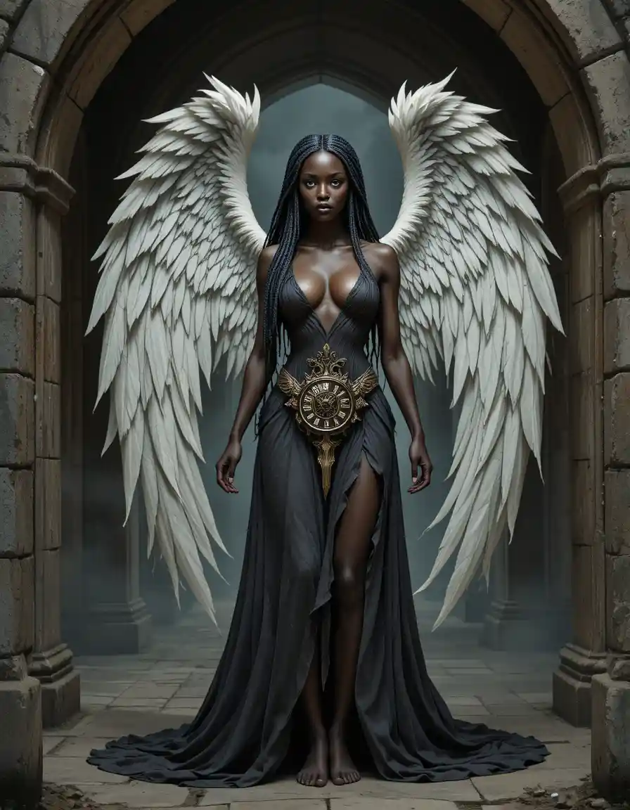 Gothic angelic timekeeper in a medieval stone archway