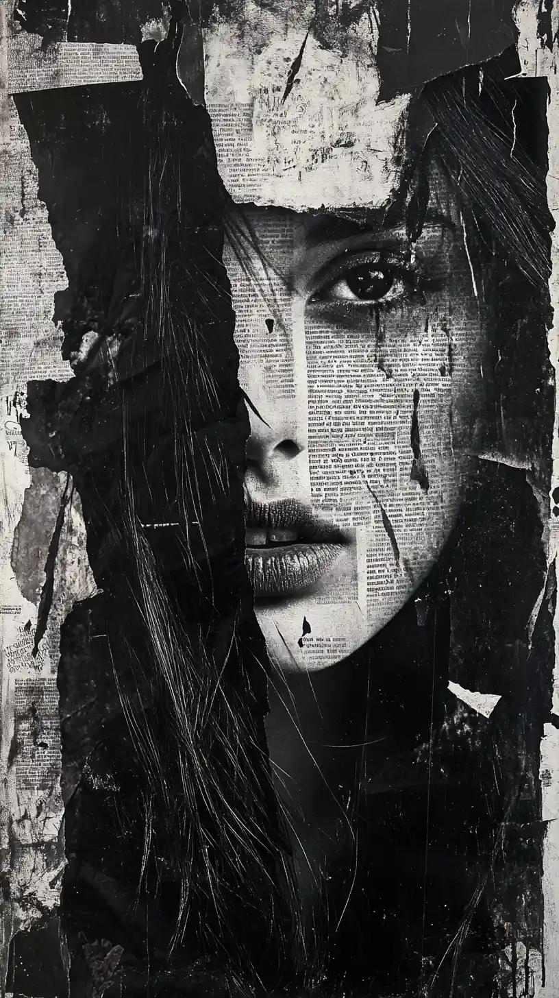 Portrait of a girl obscured by torn newspaper collage