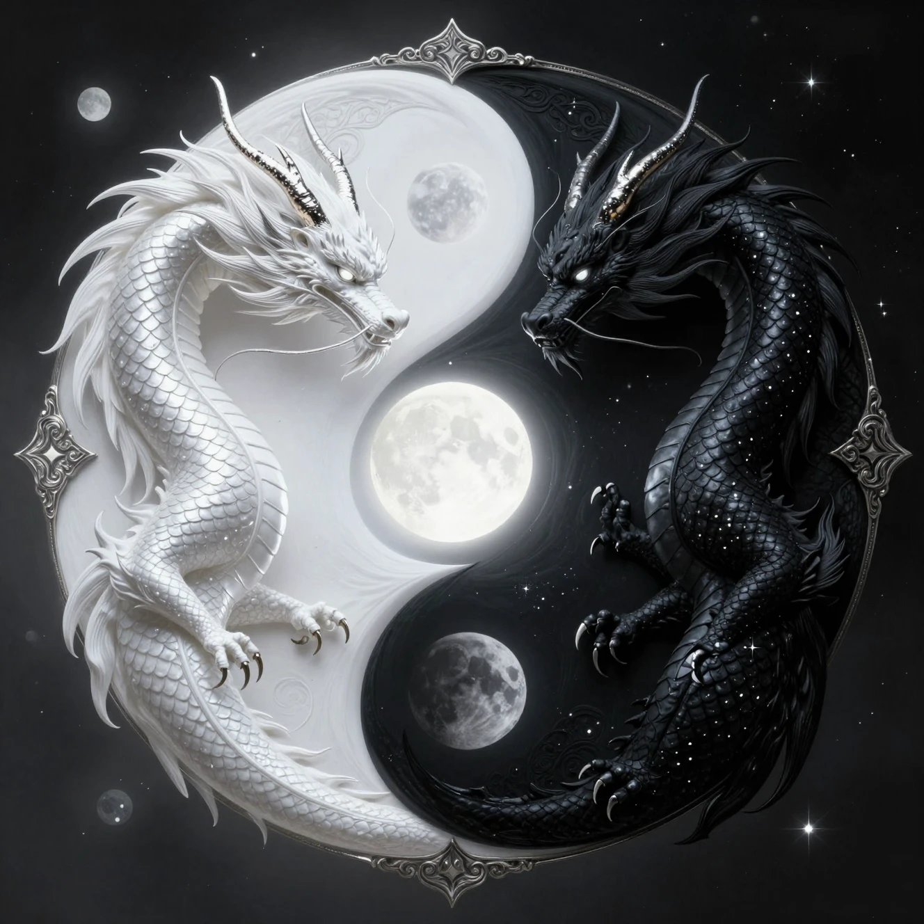 Dual dragons forming a luminous yin yang under moonlight