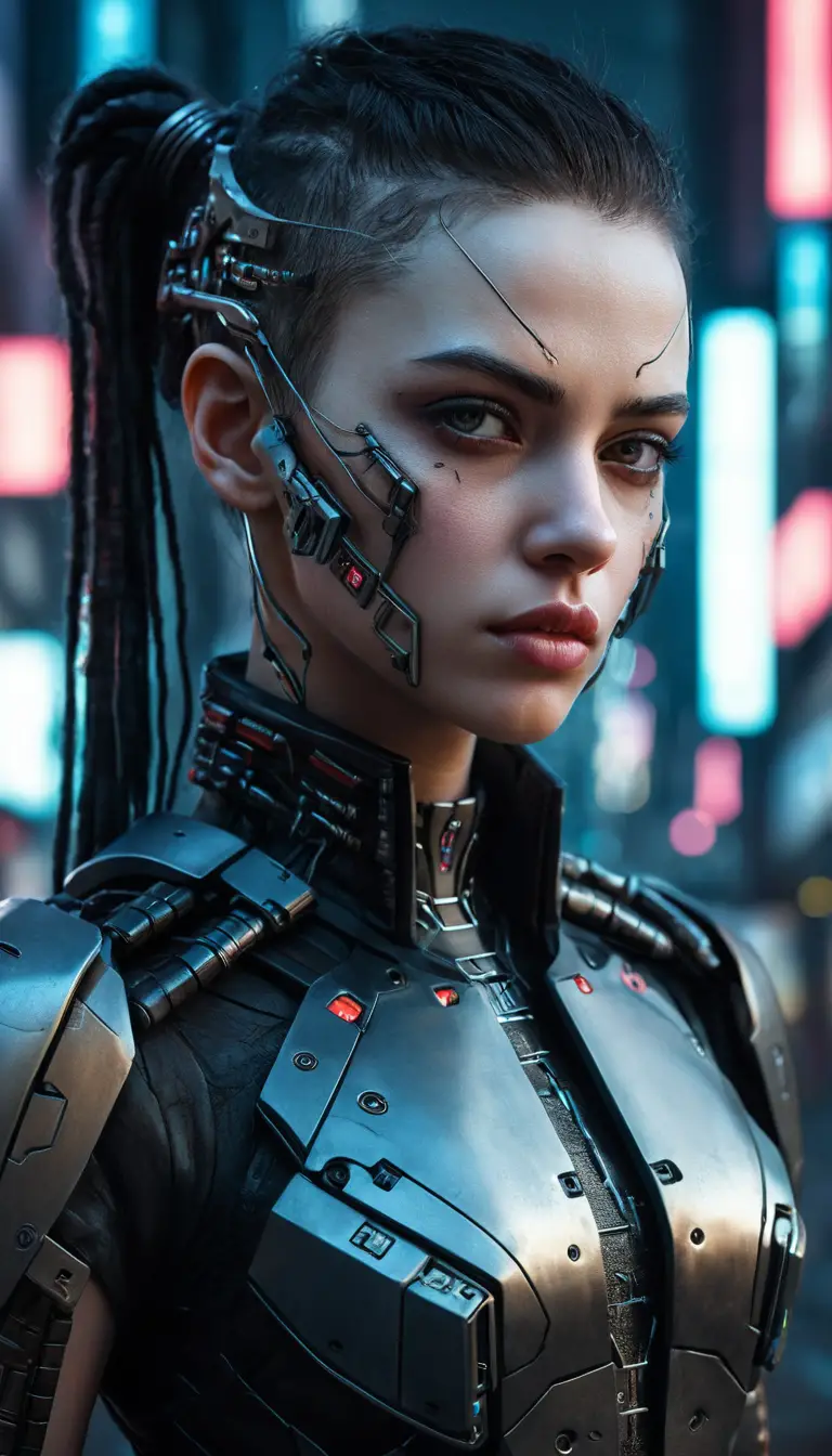 Cyberpunk warrior woman portrait in a twilight city