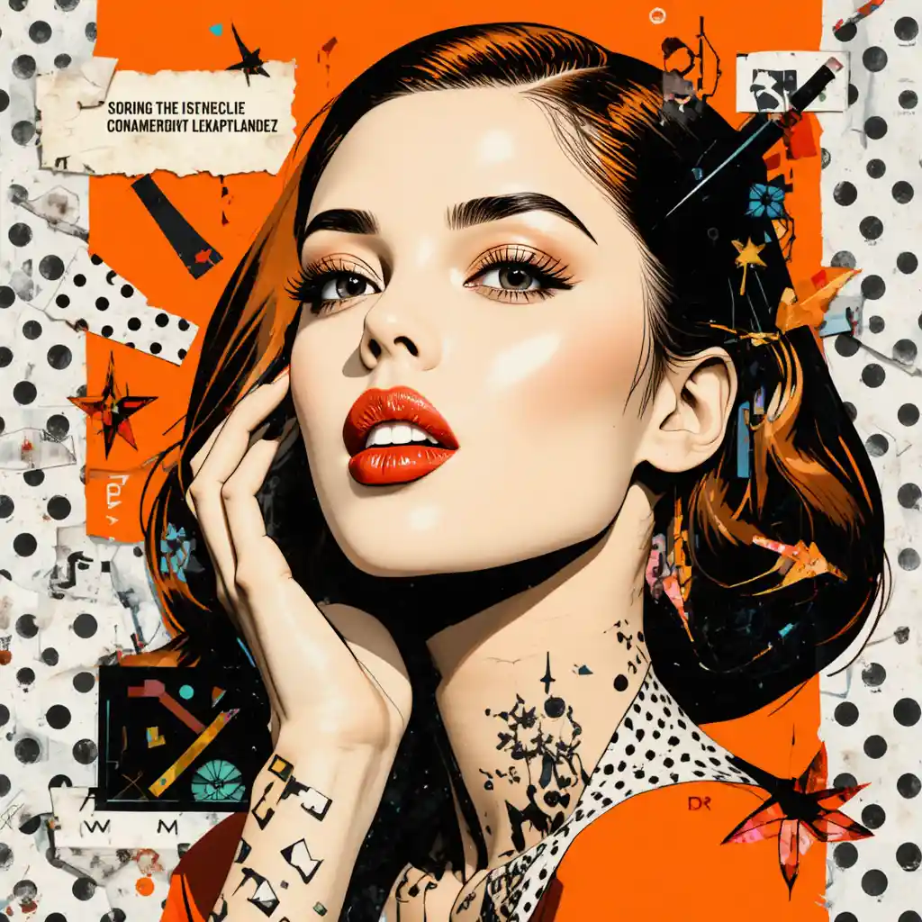 Playful pop art woman in bold orange collage