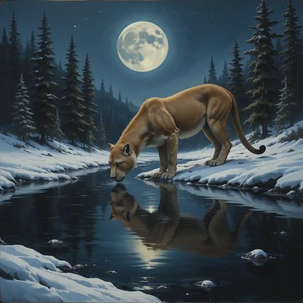 Puma buvant dans un lac au clair de lune dans une forêt hivernale