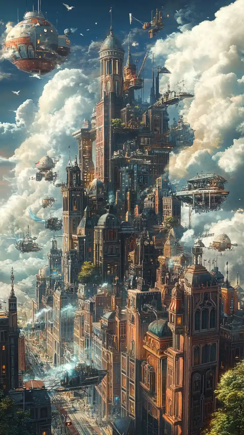 Città fantastica di grattacieli attraversata da un flusso di energia musicale