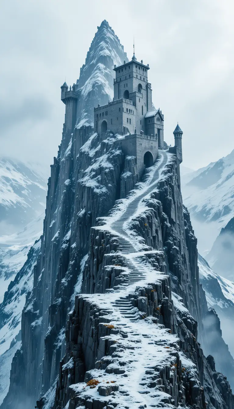 Ancient mountain fortress carved into an icy cliff face