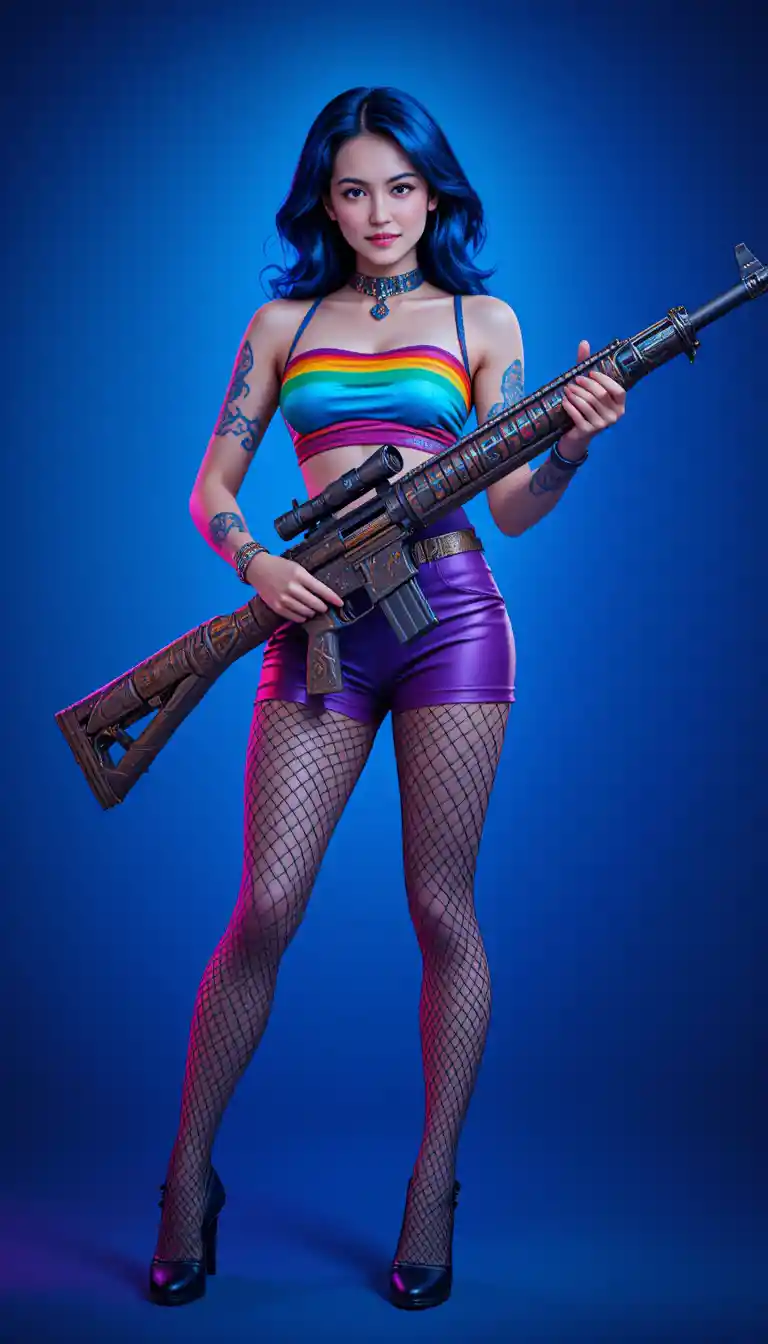 Blue haired woman with ornate rifle on deep blue background