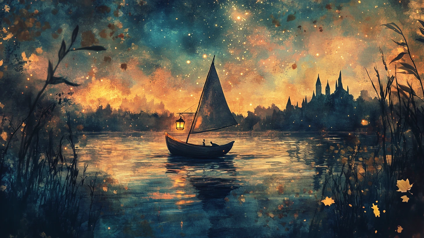 Winziges Walnussschalen-Segelboot auf einem sternenklaren Aquarellteich